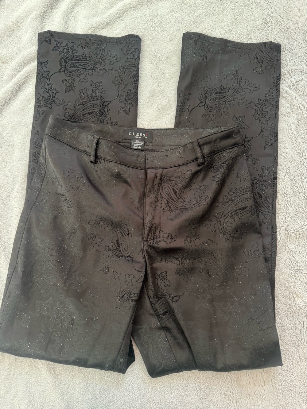 Guess Vintage Black Flocked Paisley Sparkle Pants Size 29 Y2K Gothic Bootcut